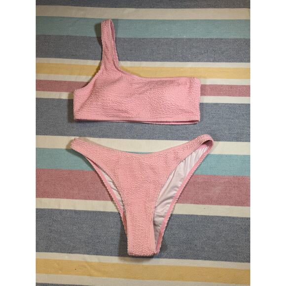 NWOT Flirty Pink One Shoulder Bikini Set | Smocked High Cut Swimwear – Sz Large - Picture 1 of 10